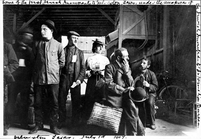 The Jewish Immigrant Information Bureau's first group of immigrants shortly after their arrival at the North German Lloyd Wharf, Galveston, Texas, July 1, 1907 The Jewish Immigrant Information Bureau's first group of immigrants shortly after their arrival at the North German Lloyd Wharf, Galveston, Texas, July 1, 1907