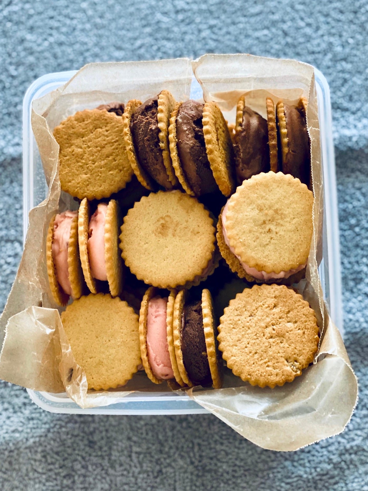 A small container of mini ice cream sandwiches.