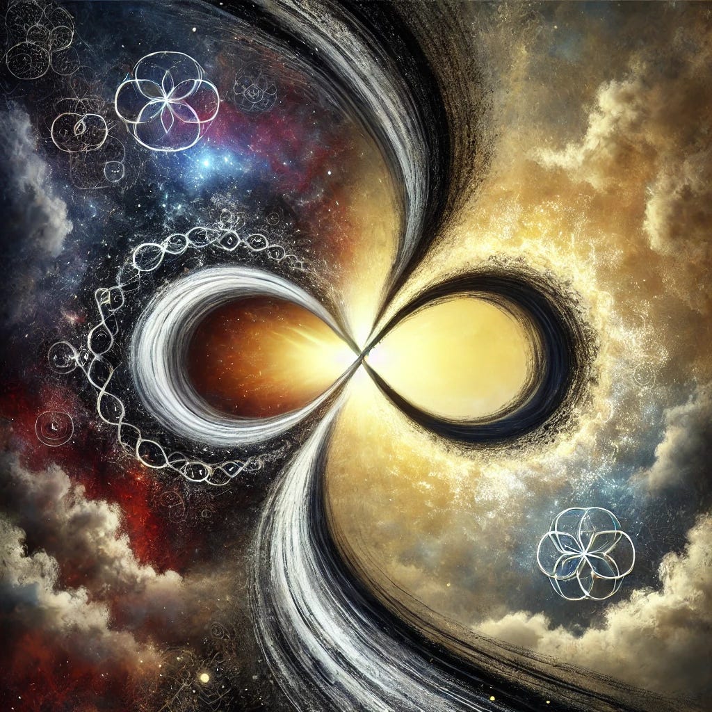 Cover art depicting a philosophical and spiritual theme. The image should show a symbolic representation of an infinity loop made of complex patterns, with one side dark and chaotic, representing paradoxes and contradictions, and the other side illuminated and serene, symbolizing spiritual enlightenment and the concept of free will. In the center of the loop, a path diverges, leading towards a radiant light, representing the idea of choosing faith or staying in the loop. The background should be abstract, blending elements of darkness and light, to convey the tension between these two choices.