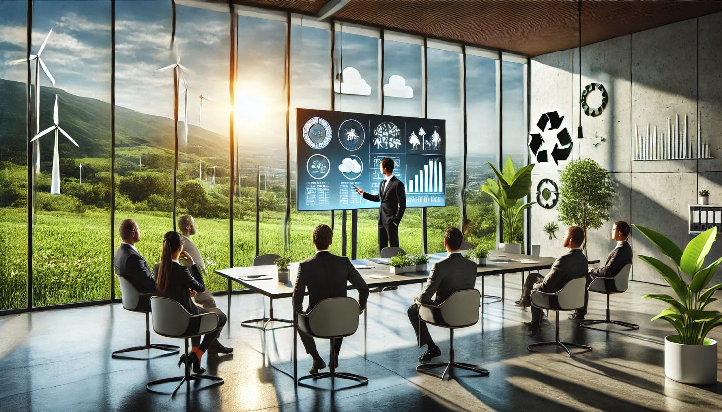 A businessperson in a sleek, eco-friendly office, presenting their cleantech company to potential investors. The room has large windows with natural light and views of a green landscape outside. The person is in formal attire, using a presentation screen displaying charts and images of clean technology, like solar panels and wind turbines. The investors are watching attentively, surrounded by a few clean energy symbols and office plants, symbolizing sustainability.