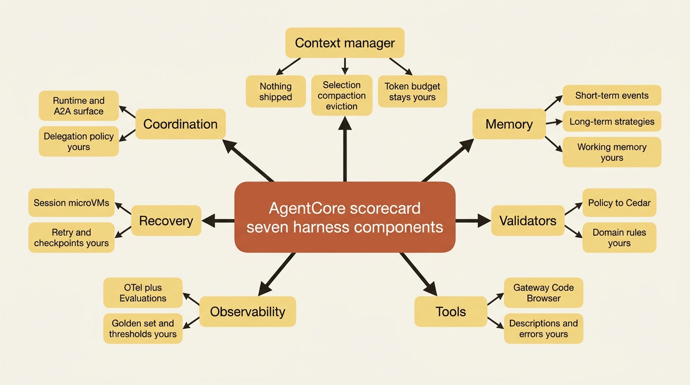 Mindmap of the seven-component AgentCore scorecard: context manager is untouched, memory tools and observability have managed depth, validators and recovery are partial, and coordination leaves policy on your side. Mindmap of the seven-component AgentCore scorecard: context manager is untouched, memory tools and observability have managed depth, validators and recovery are partial, and coordination leaves policy on your side.