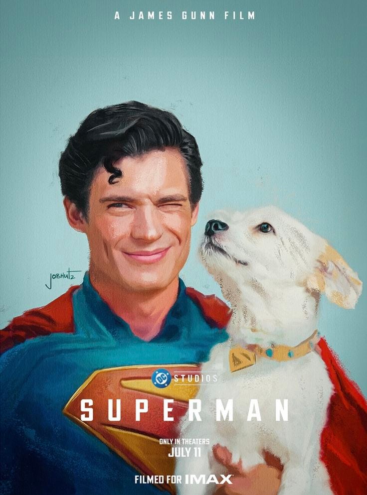 This may contain: a painting of a man with a dog in his lap and the words superman written on it