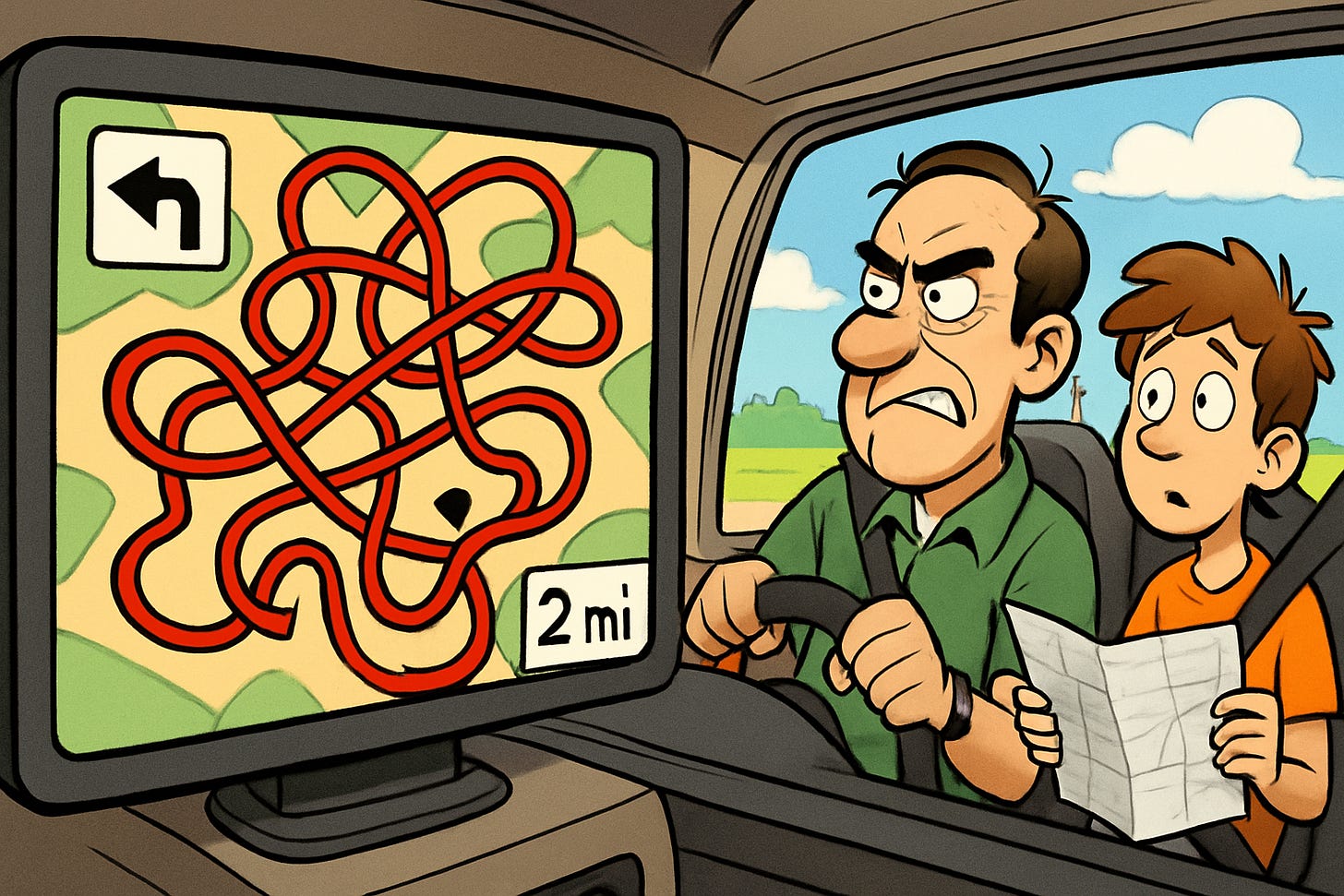 Funny cartoon of campervan GPS showing a wrong turn and absurdly long route with frustrated dad and amused son.