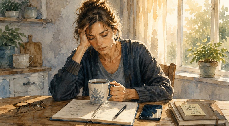 A tired woman sitting at a kitchen table with a cup of tea in the morning, looking exhausted before the day begins. A tired woman sitting at a kitchen table with a cup of tea in the morning, looking exhausted before the day begins.