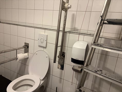 A potbury of accessible toilet photos with chairs, ladders, parasols and clutter 