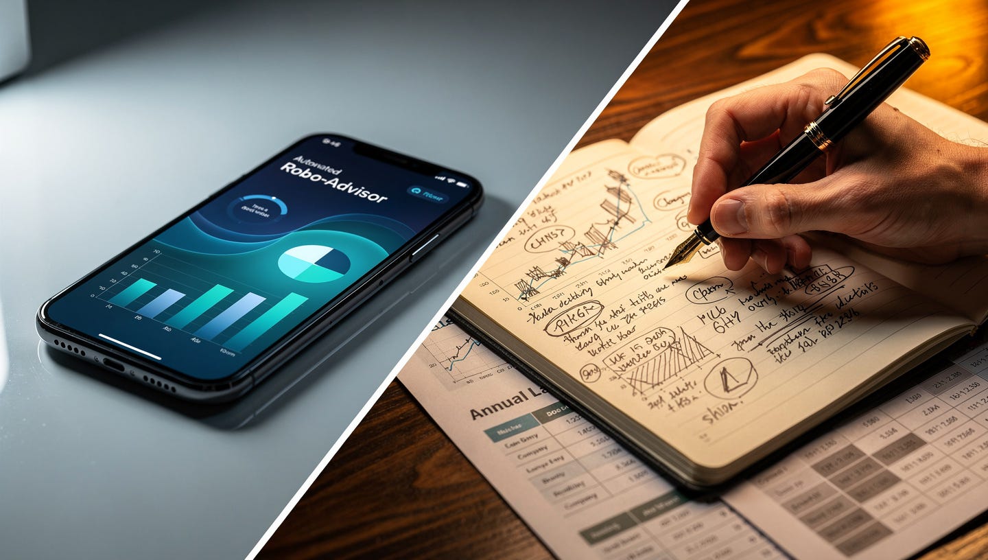 Photorealistic editorial image, 16:9 wide format. Split composition: left half shows a sleek smartphone with a minimalist robo-advisor dashboard, clean automated charts, cold blue tones, perfect and sterile. Right half shows a human hand holding a premium fountain pen hovering over a physical notebook filled with handwritten financial analysis notes, stock charts, circled companies, margin annotations. A printed annual report partially visible underneath. Warm amber and gold tones on the right side contrasting with the cool blue left. The two halves meet in a sharp clean diagonal line down the center. Soft directional light, shallow depth of field, cinematic editorial photography, ultra detailed, no text, no labels. Photorealistic editorial image, 16:9 wide format. Split composition: left half shows a sleek smartphone with a minimalist robo-advisor dashboard, clean automated charts, cold blue tones, perfect and sterile. Right half shows a human hand holding a premium fountain pen hovering over a physical notebook filled with handwritten financial analysis notes, stock charts, circled companies, margin annotations. A printed annual report partially visible underneath. Warm amber and gold tones on the right side contrasting with the cool blue left. The two halves meet in a sharp clean diagonal line down the center. Soft directional light, shallow depth of field, cinematic editorial photography, ultra detailed, no text, no labels.
