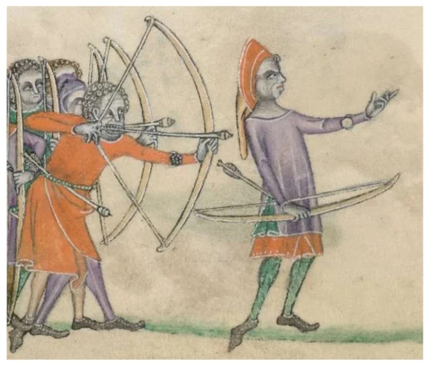 Medieval Welsh illustration of soldiers with long bows drawn, and the main figure gesturing a signal of defiance.