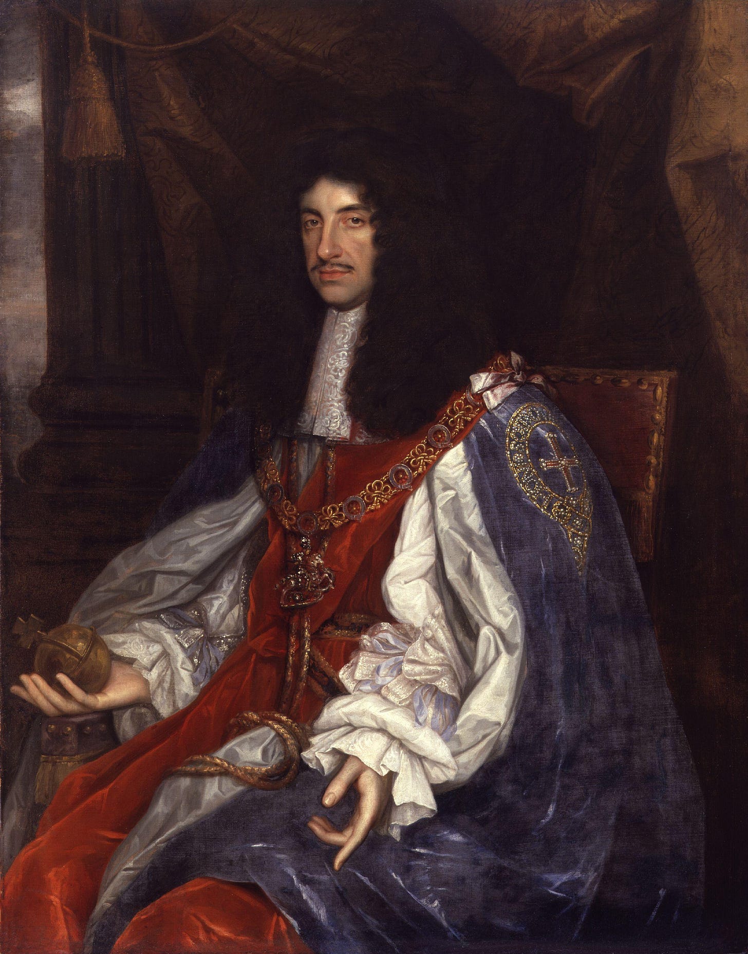 Portrait of King Charles II dressed in regal clothing. Portrait of King Charles II dressed in regal clothing.