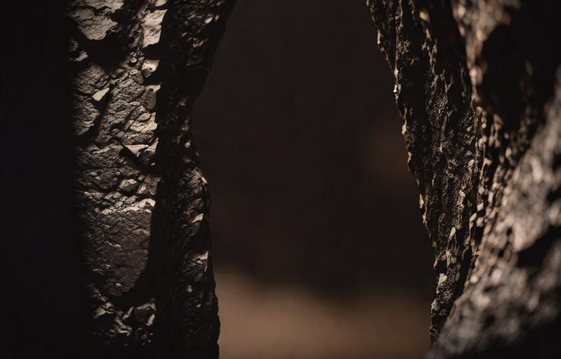 AI prompt "dark cave door of rock and iron left ajar"