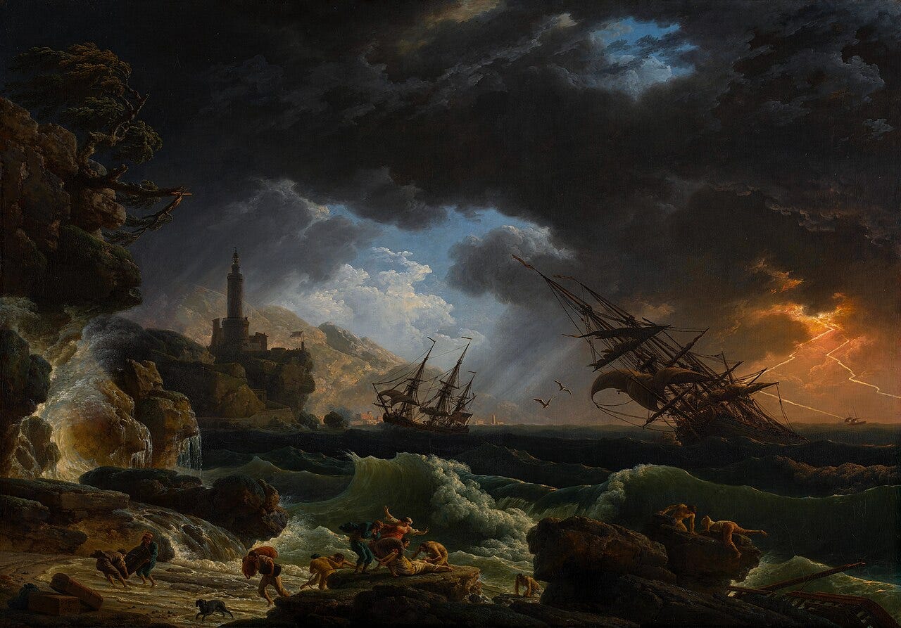 Waves smashing a rocky shore as survivors climb the cliffs