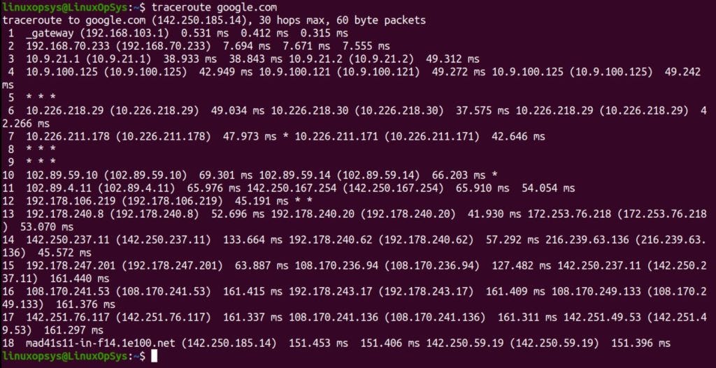 example of traceroute to a domain