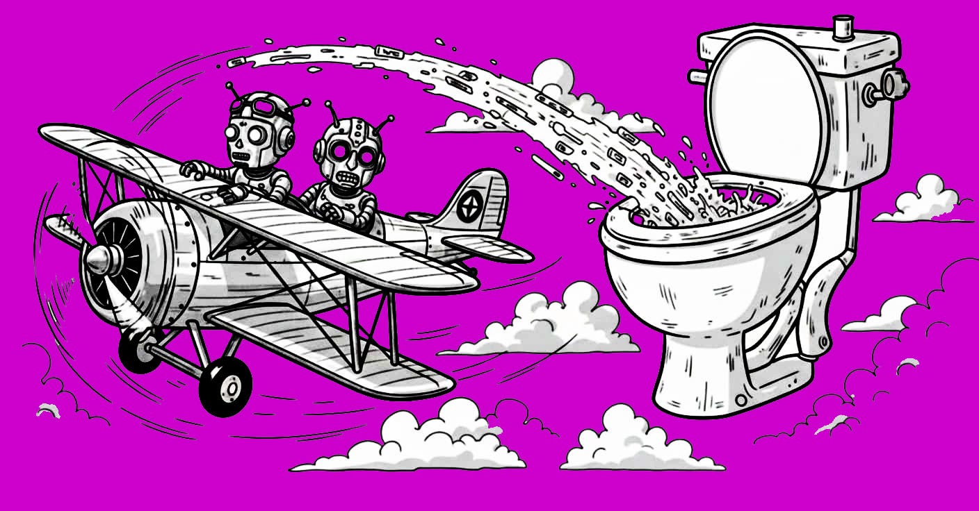 Two robot pilots in a single engine 1920s plane fly around a giant toilet - clouds and data flow into the toilet bowl.  Image co-created with Gemini Nano Banana AI