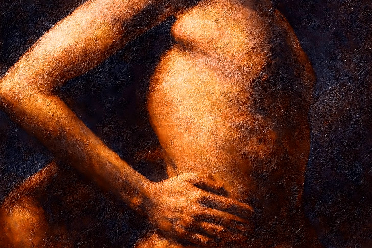 Torso of a naked man with hands on his hips, and the naked body of another man crouching behind him; dramatic shadowscape. Torso of a naked man with hands on his hips, and the naked body of another man crouching behind him; dramatic shadowscape.