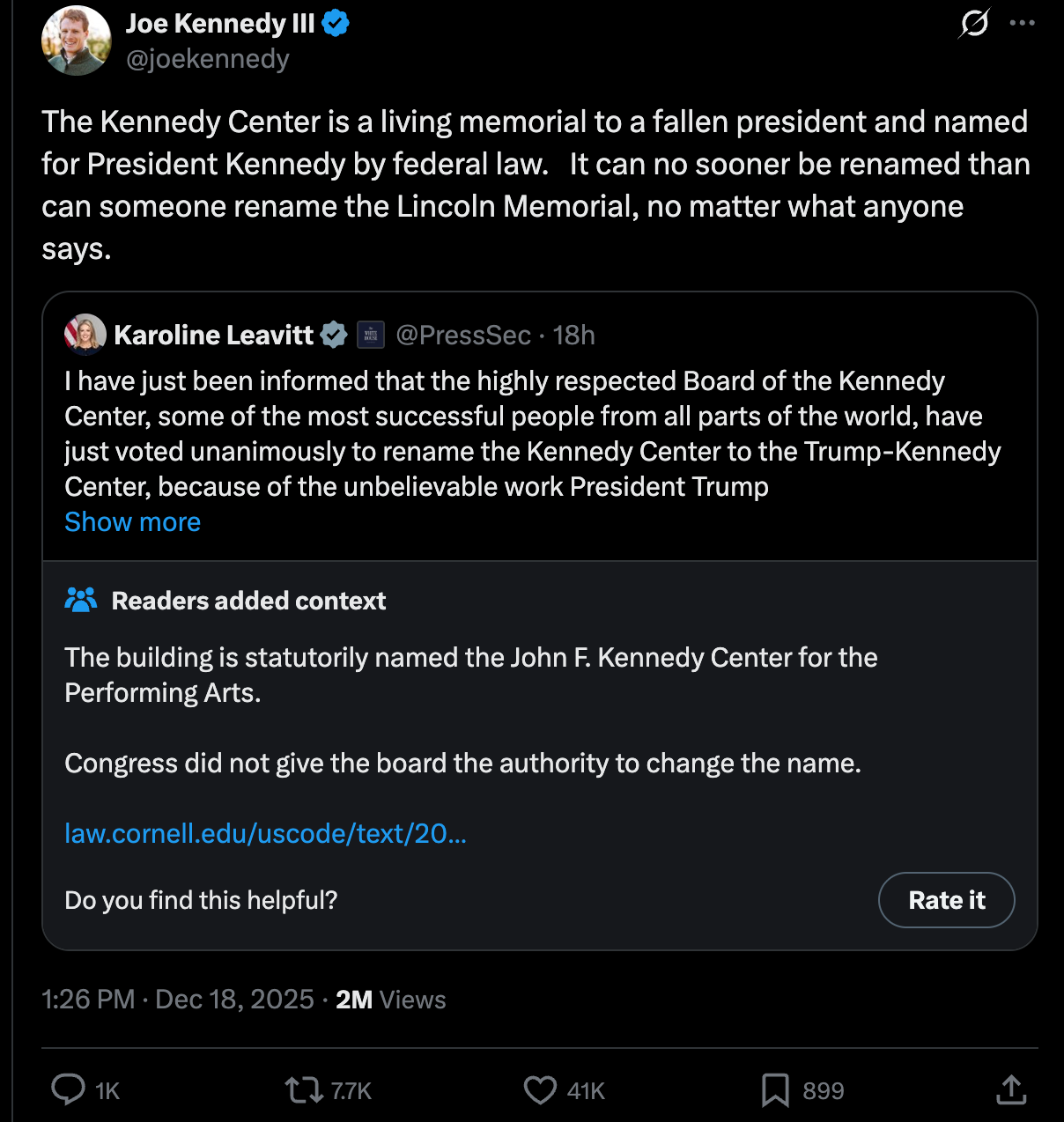 Joe Kennedy: The Kennedy Center is a living memorial to a fallen president and named for President Kennedy by federal law.   It can no sooner be renamed than can someone rename the Lincoln Memorial, no matter what anyone says.