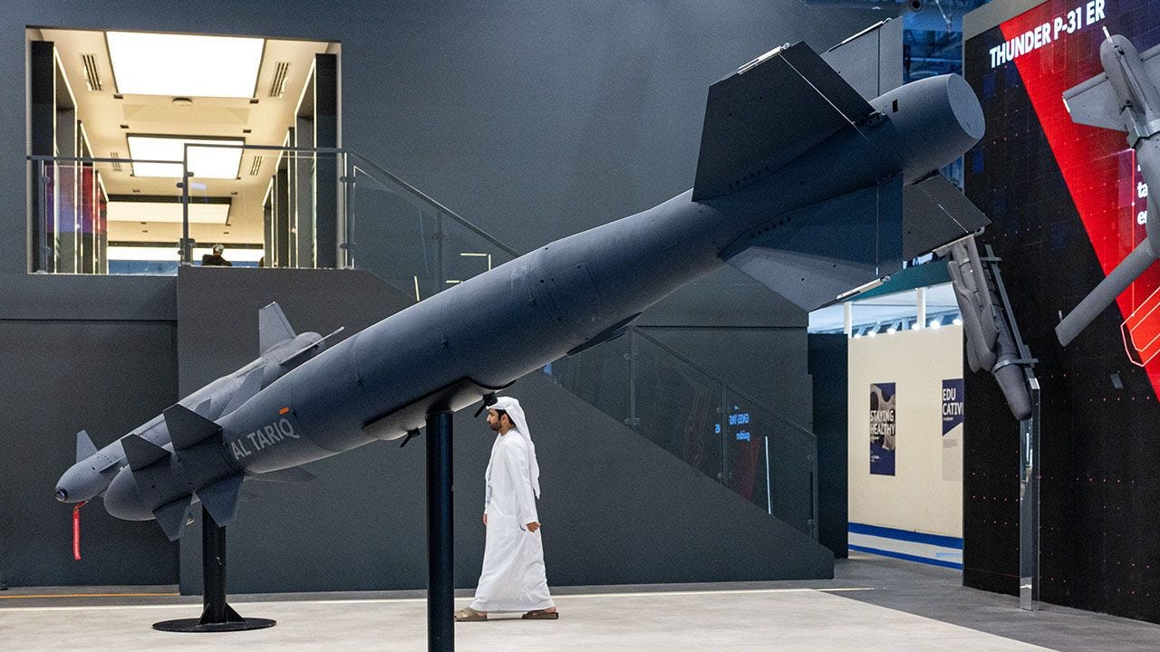 An Al Tariq precision-guided munition manufactured by EDGE Group PJSC at the Dubai Air Show in Dubai, United Arab Emirates, on Monday, Nov. 17, 2025