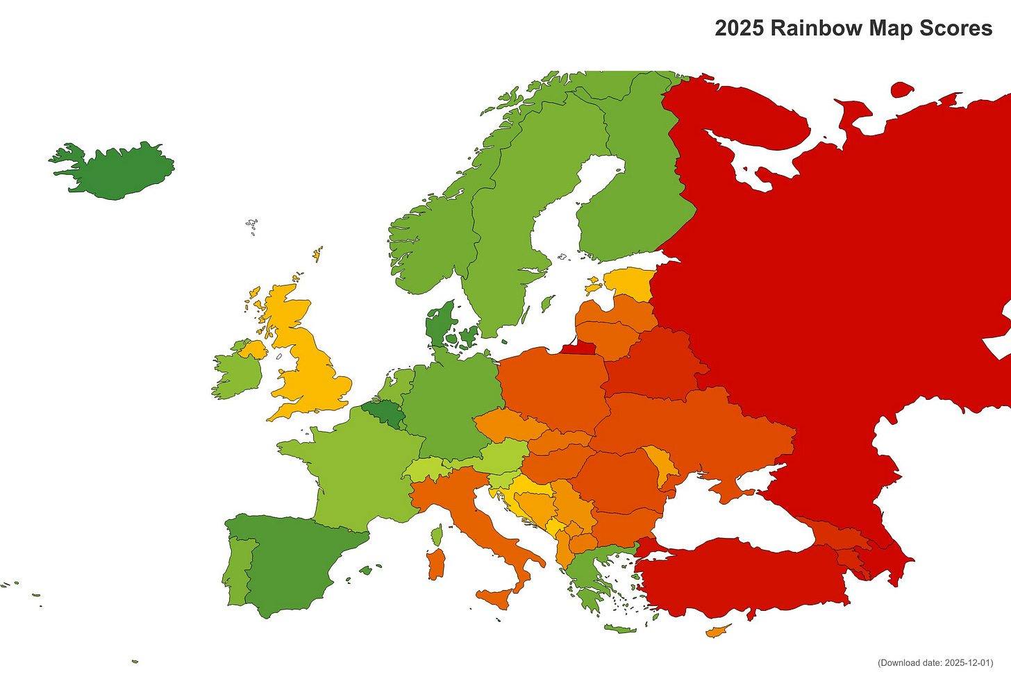 Mappa dell'Europa dall'Islanda alla Russia, ogni Paese ha un colore: verde per i punteggi migliori della Rainbow Map di ILGA, rosso per i peggiori. L'Italia è arancione scuro.