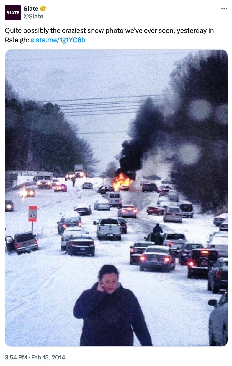 tweet of car on fire in snow