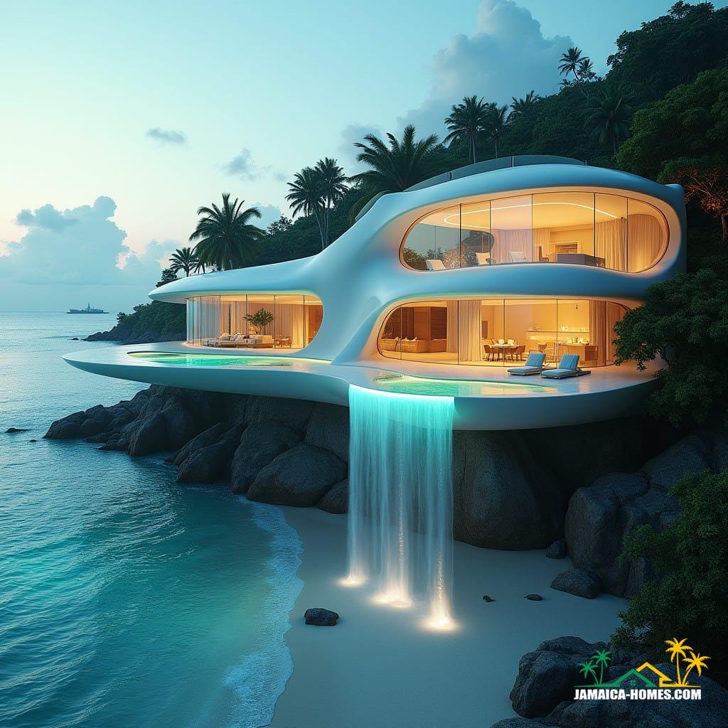 A jaw-dropping, out-of-this-world modern home perched on the pristine beach of Jamaica, where futuristic design meets the beauty of nature. The structure appears to defy gravity, with flowing, sculptural forms that seem to hover above the sand. Transparent walls and a glowing, bioluminescent exterior create an ethereal effect as the home shimmers under the Caribbean sun and stars. The infinity pool cascades over the edge, blending with the turquoise sea below, while the rooftop features a garden oasis with panoramic views of the coastline. The home’s design incorporates holographic features, interactive surfaces, and smart technology, making it a true marvel of innovation and luxury. Surrounded by lush tropical flora, this architectural masterpiece is a seamless fusion of nature, technology, and artistic brilliance. Futuristic, visionary, surreal, luxurious, cutting-edge, dreamlike, architectural wonder.