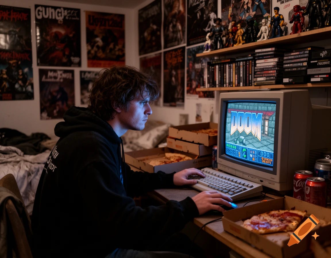 Doomer internet troll playing Doom video game from 90s