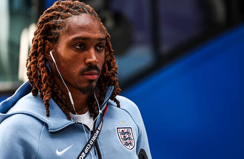 Djed SPENCE of England prior the 2026 FIFA World Cup - 3rd place match between France and England at Hard Rock Stadium on July 18, 2026 in Miami Gardens, Florida. (Photo by Johnny Fidelin/Icon Sport via Getty Images)