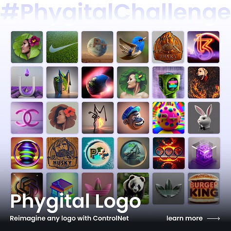 Images of Phygital's styles, characters, game assets, knolling box, pixels, logo transformation, fashion, and locations, as examples of the types of neural network tools available.