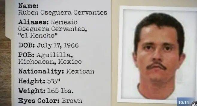 Documento de identidad que contiene información sobre Rubén Oseguera Cervantes, incluyendo nombre, alias, fecha de nacimiento, lugar de nacimiento, nacionalidad, altura, peso y color de ojos. Documento de identidad que contiene información sobre Rubén Oseguera Cervantes, incluyendo nombre, alias, fecha de nacimiento, lugar de nacimiento, nacionalidad, altura, peso y color de ojos.