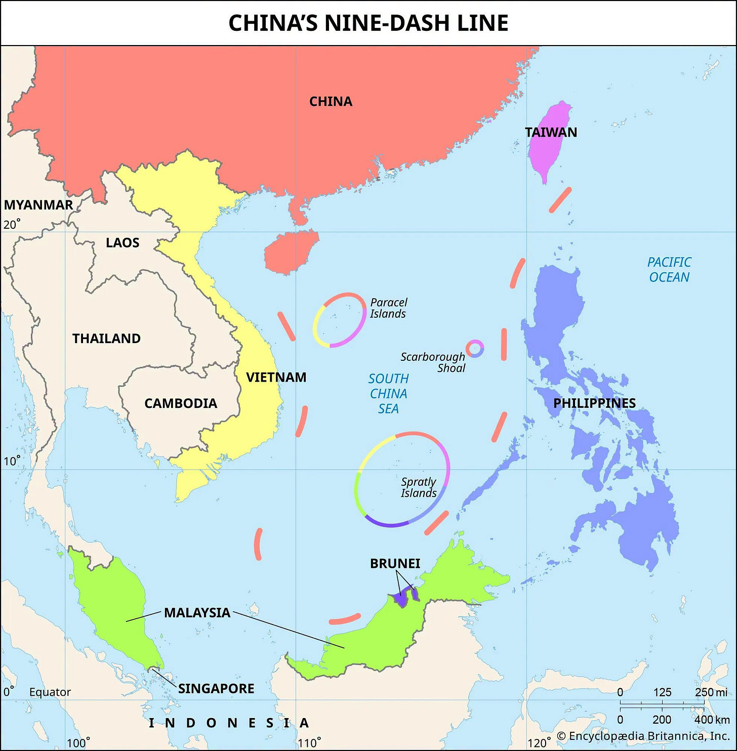 May be a graphic of map and text that says 'CHINA'S NINE-DASH LINE ΣИΑ MYANMAR 20° TAIWAN LAOS THAILAND Parocei Isianos PACIFIC OCEAN VIETNAM CAMBODIA Scarborough SOUTH Shooi CHINA SEA PHILIPPINES Spratiy Island's BRUNEI EI MALAYSIA Equator SINGAPORE 100° INDONESIA 110° D 125 250mi 0 200 400km 120° Encyclopazdia &EncyclopadiaBritannica,Inc. Britannica,'