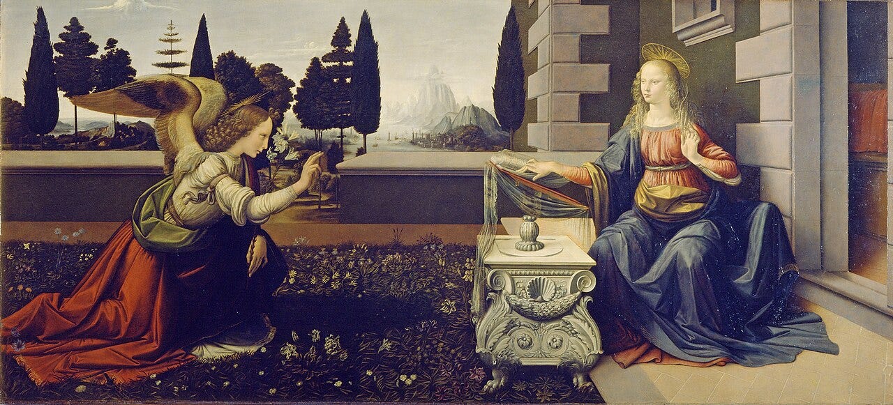Gabriel kneeling with a lily in a garden