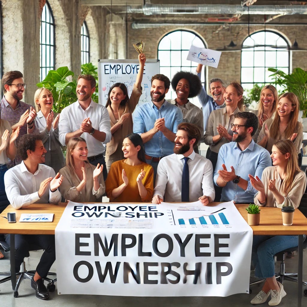 A diverse group of employees in a modern office celebrating together, holding a large 'Employee Ownership' banner. The team members, representing various ages and backgrounds, are smiling and engaged in a discussion. Some are looking at financial charts on a whiteboard, symbolizing shared company success. The office has a bright and collaborative atmosphere with plants and open workspaces.