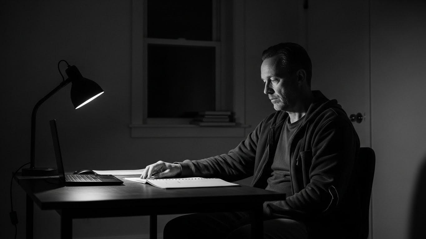 Black-and-white photo of a man in his early 50s sitting alone at a desk under a single lamp, showing quiet burnout and reflection late at night.