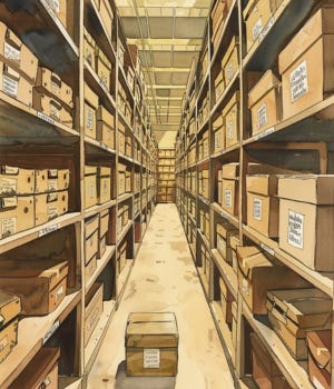 vintage watercolor illustration of an unmarked crate placed among labeled containers on a storage archive shelf, designed to appear intentionally unremarkable