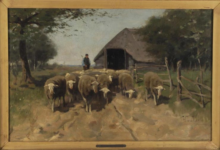'Herder met kudde schapen bij kooi' - olieverf op doek: Herman van de Weele (kavel 194 Derksen Veilingbedrijf) 'Herder met kudde schapen bij kooi' - olieverf op doek: Herman van de Weele (kavel 194 Derksen Veilingbedrijf)