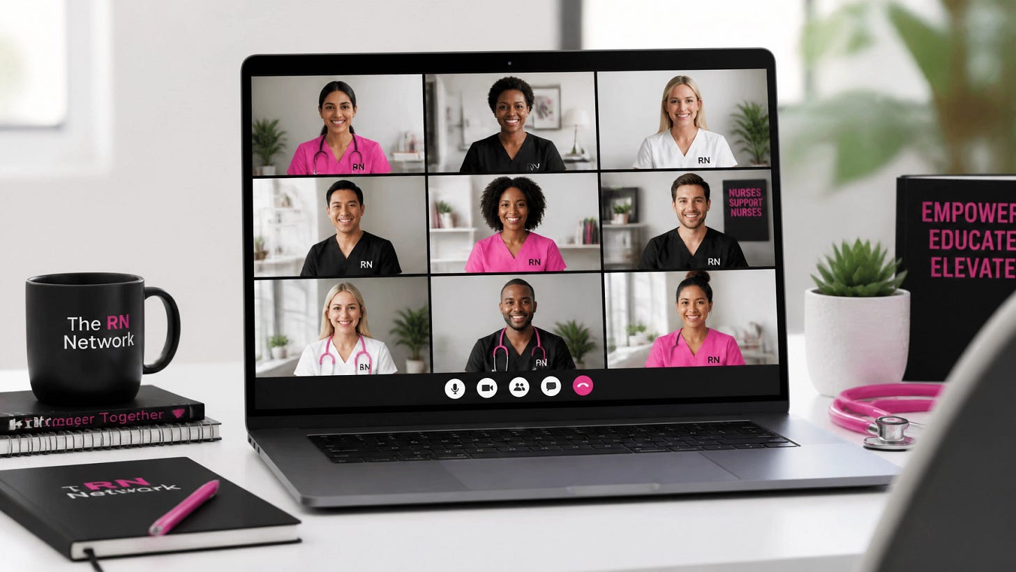 A diverse group of nurses collaborating via a video call on a laptop, showing the power of nurse networking. A diverse group of nurses collaborating via a video call on a laptop, showing the power of nurse networking.