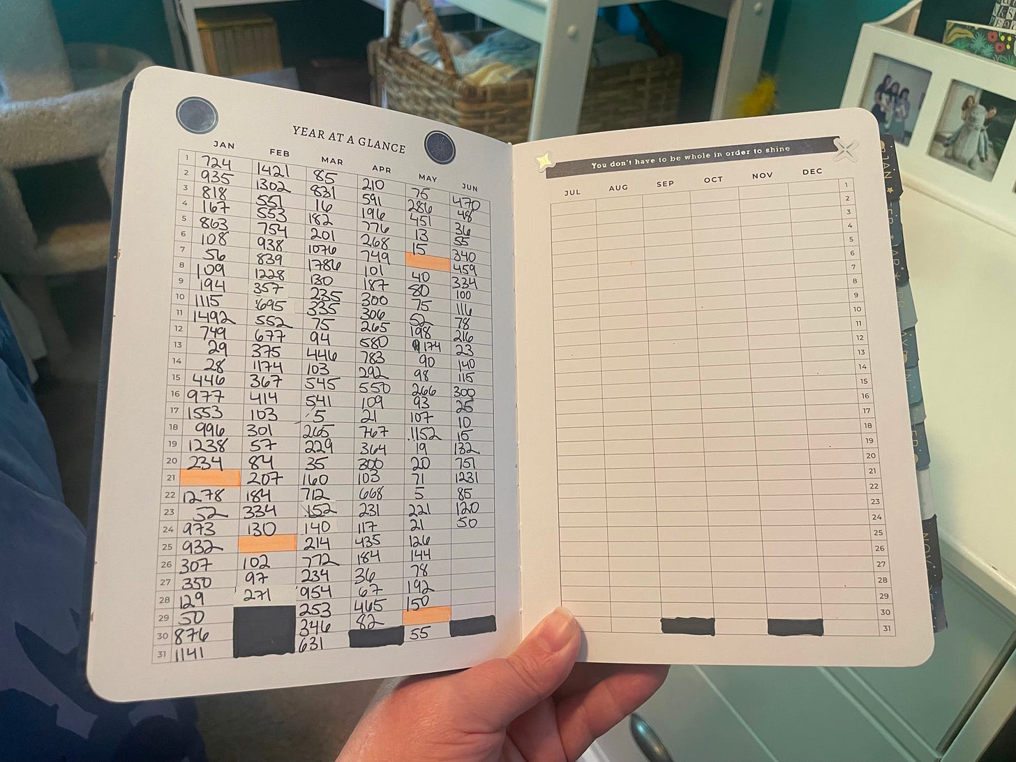 1-year planner spread with word counts filled in through June 23.