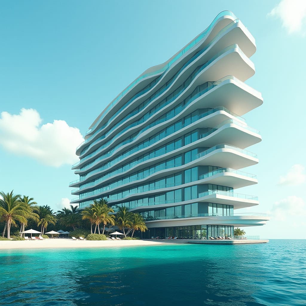  A sleek, modern 20-story glass hotel stands prominently on  Caribbean beechline, its  Protruding windows, multiple swimming suspending above ground and on the ground merging into sea.  platforms create a dynamic, futuristic aesthetic, evoking a sense of tropical modernity.  