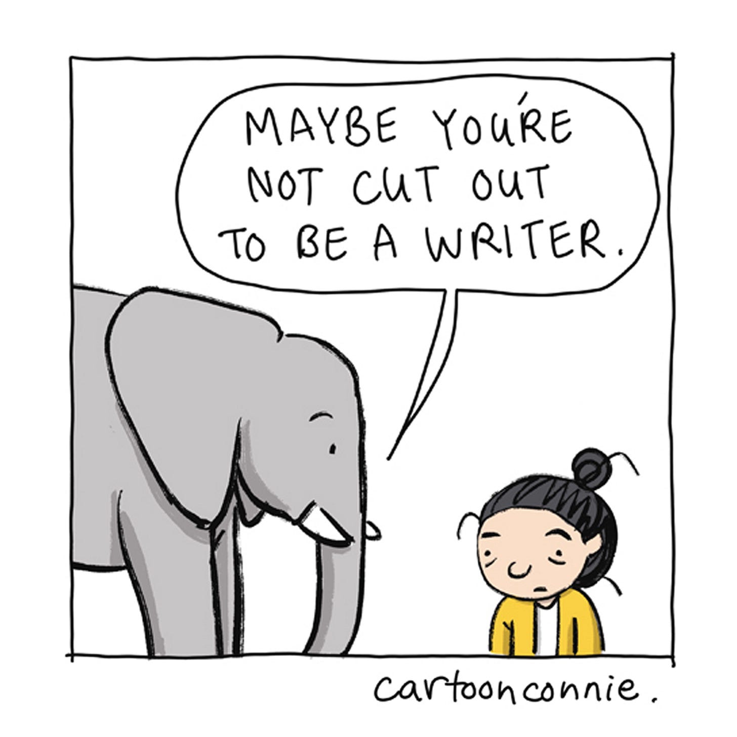 Panel 4/6 of a comic strip titled "The Life of a Writer," 2026, by Connie Sun, cartoonconnie, featuring a cartoon girl talking to an elephant in the artist's signature style.