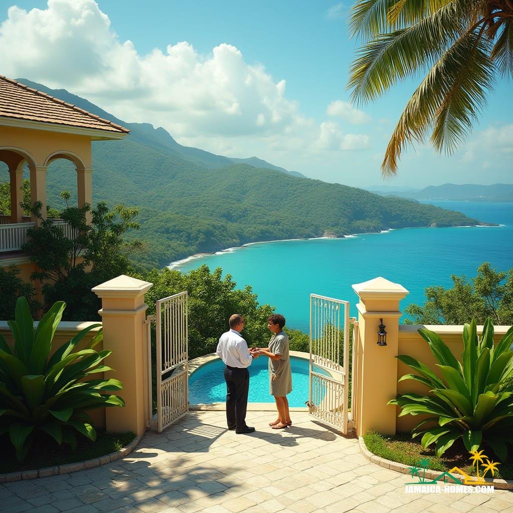 A stylish Jamaican realtor, smartly dressed in a crisp outfit, stands with two interested buyers in front of a freshly painted gate, surrounded by vibrant tropical landscaping, viewing a well-maintained villa on a sunny coastal hillside, overlooking turquoise Caribbean waters, with lush green hills and distant villas, in a cinematic film still style, with bright natural lighting, realistic details, and a clean contemporary aesthetic, reminiscent of the works of Andreas Gursky, Steve McCurry, and National Geographic photographers, with a 35mm film grain, subtle vignette, and cinematic color grading.