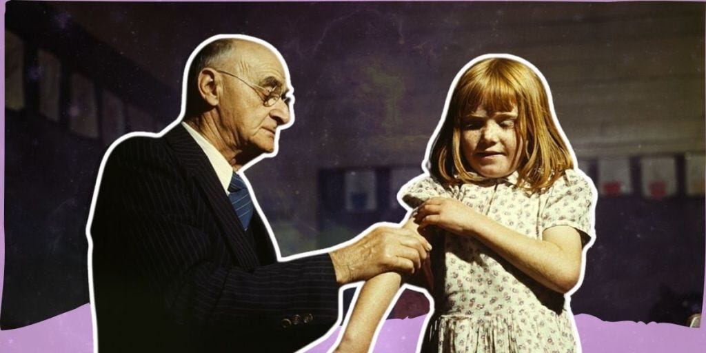 Vintage photo of a doctor treating a young girl, representing the crisis of science vs logic in modern medicine and the call for more holistic, person-centered care.