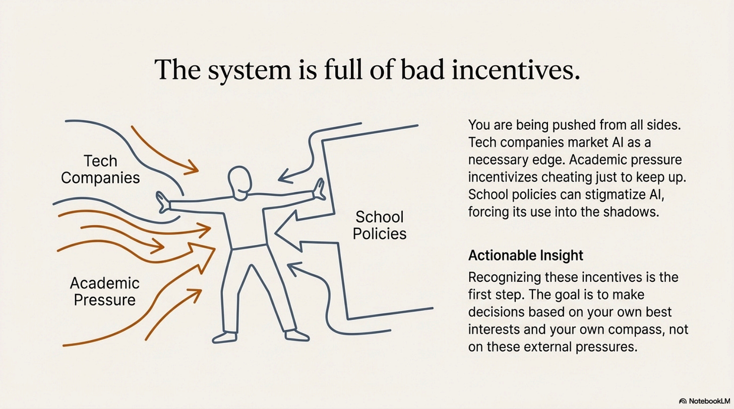 A diagram shows a human figure in the center being pulled in three directions by curved arrows labeled “Tech Companies,” “Academic Pressure,” and “School Policies.” The arrows from each label point toward the person, illustrating conflicting pressures.  To the right, text reads: "The system is full of bad incentives." Below that, a paragraph states: “You are being pushed from all sides. Tech companies market AI as a necessary edge. Academic pressure incentivizes cheating just to keep up. School policies can stigmatize AI, forcing its use into the shadows.”  Under the subheading "Actionable Insight," the text continues: “Recognizing these incentives is the first step. The goal is to make decisions based on your own best interests and your own compass, not on these external pressures.”  Logo in the bottom right corner: “NotebookLM.”