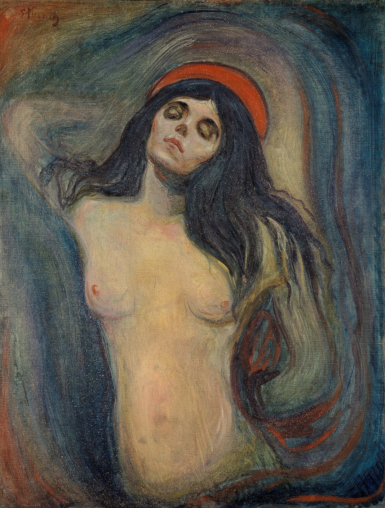 Munch's Madonna, a half length female figure with closed eyes and flowing dark hair Munch's Madonna, a half length female figure with closed eyes and flowing dark hair