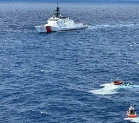 Small boat crews from the US Coast Guard Cutter Hamilton intercept a cartel smuggling boat South of Mexico on August 8, 2025. Small boat crews from the US Coast Guard Cutter Hamilton intercept a cartel smuggling boat South of Mexico on August 8, 2025.
