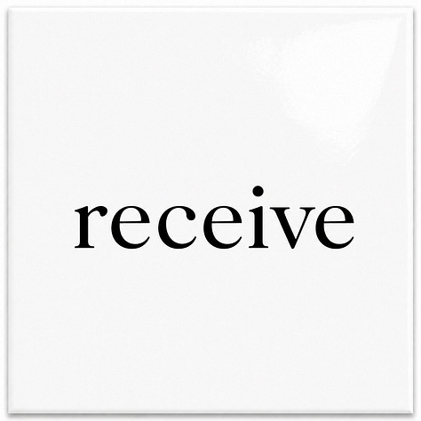 Six glossy white square cards arranged in two rows of three. Each card has one centered lowercase word in black serif type. From left to right, the top row reads: ease, peace, cease. The bottom row reads: release, receive, increase.