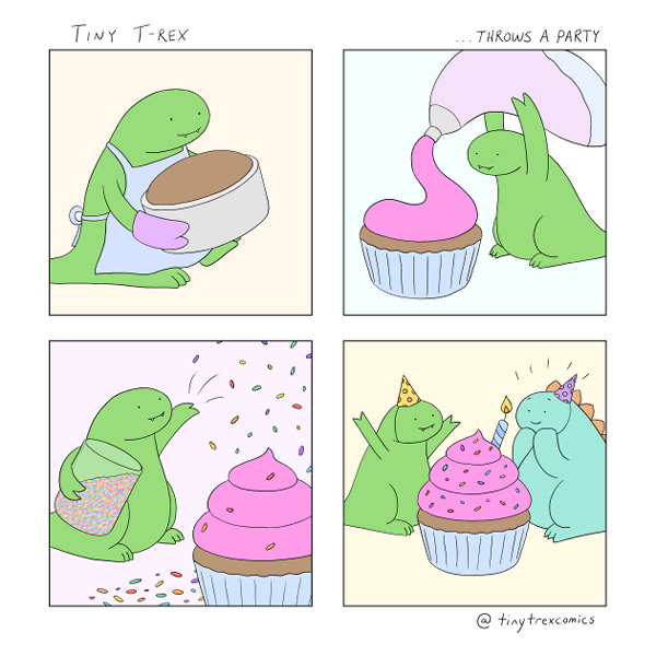 Tiny T-Rex wears and apron and oven mitts and carries a giant plain cupcake. Tiny T-Rex squirts pink icing from a giant icing bag on to the cupcake. Tiny T-Rex throws sprinkles up into the air over the iced cupcake. Tiny T-Rex wears a party hat and surprises a tiny dinosaur with the birthday cupcake.