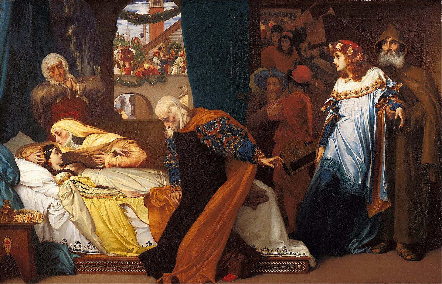 Juliet lies pale on her bed while her parents, her nurse, a friar and the bridegroom Paris crowd around her, and musicians wait at the door. Juliet lies pale on her bed while her parents, her nurse, a friar and the bridegroom Paris crowd around her, and musicians wait at the door.