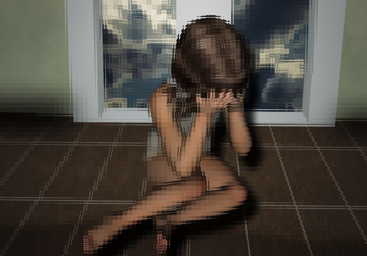 Image of girl with her hands covering her face as seen through textured glass Image of girl with her hands covering her face as seen through textured glass