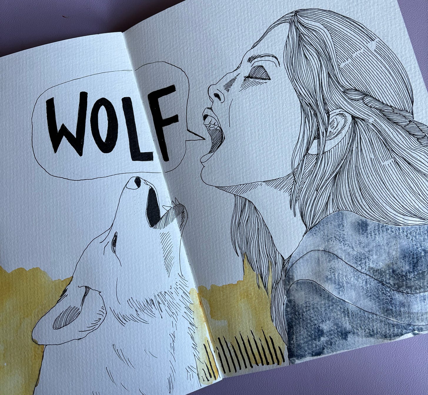 Portrait drawing of woman and wolf crying wolf Portrait drawing of woman and wolf crying wolf