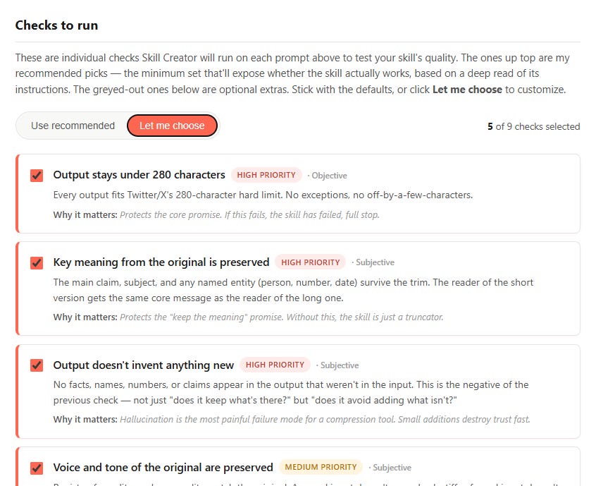 Eval Maker's Checks to Run panel for tweet-trimmer, listing high-priority assertions like "Output stays under 280 characters," "Key meaning from the original is preserved," "Output doesn't invent anything new," and "Voice and tone preserved," each with a "Why it matters" explanation.