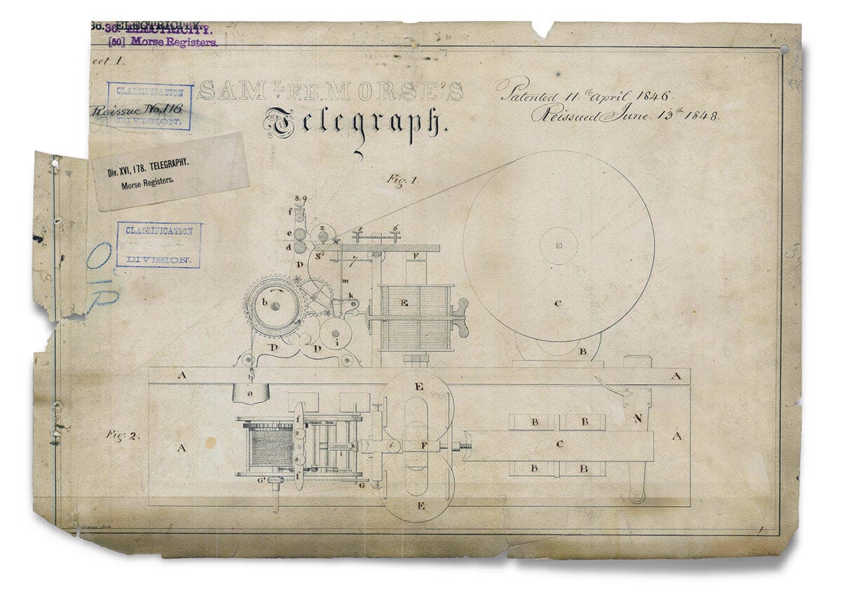 Photo of Samuel Morse's patent drawing of his telegraph design. Photo of Samuel Morse's patent drawing of his telegraph design.