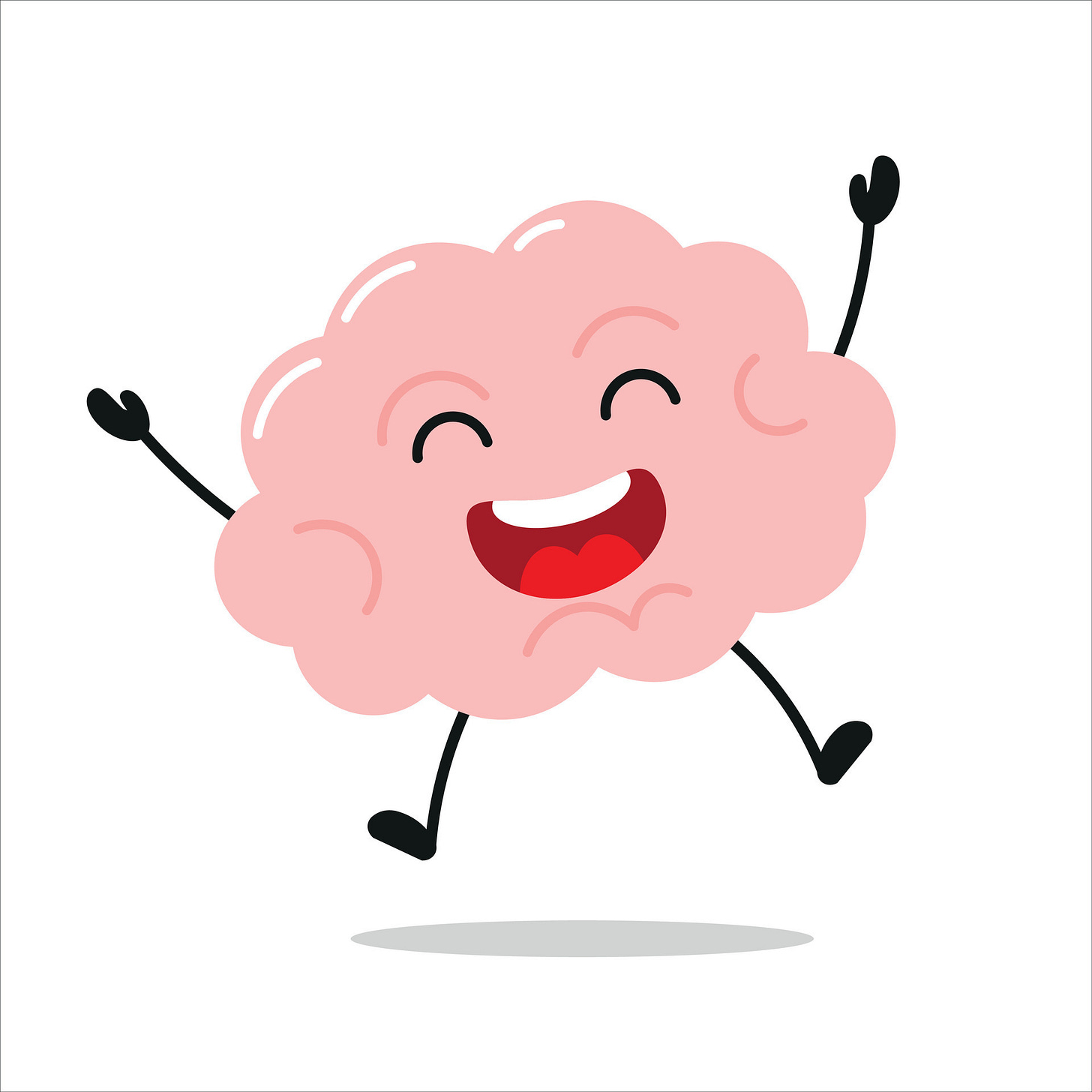 Cute happy brain character. Funny victory jump celebration brain cartoon emoticon in flat style ...