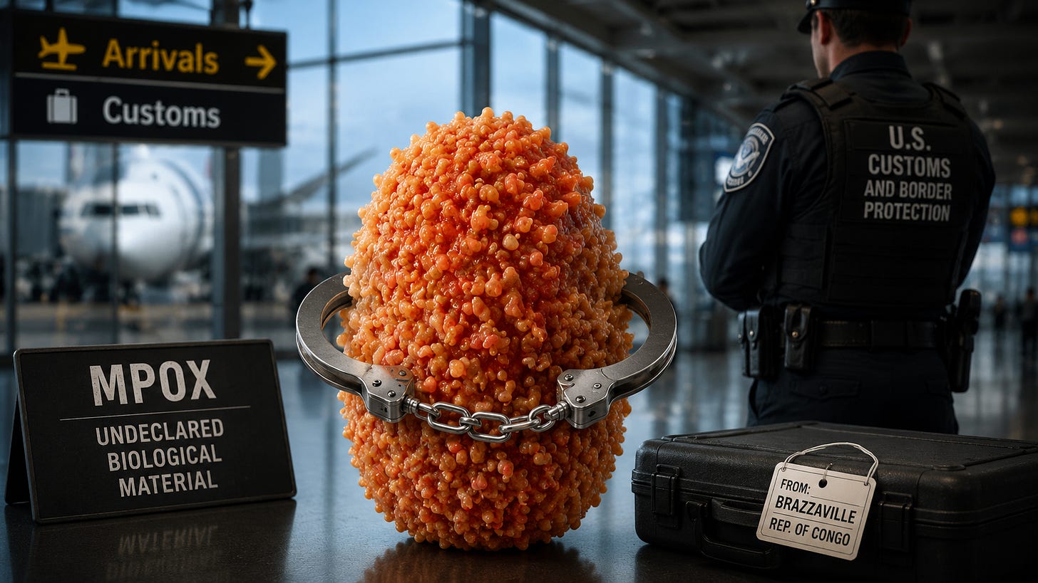 Illustration of a stylized mpox virus being detained at an airport customs checkpoint. The orange, textured virus sits in oversized handcuffs beside a black transport case labeled as arriving from Brazzaville, Republic of Congo. A customs officer stands nearby under airport arrival signs. A placard in the foreground reads “Mpox, Undeclared Biological Material,” visually representing border enforcement and questions about transporting biological samples into the United States. Illustration of a stylized mpox virus being detained at an airport customs checkpoint. The orange, textured virus sits in oversized handcuffs beside a black transport case labeled as arriving from Brazzaville, Republic of Congo. A customs officer stands nearby under airport arrival signs. A placard in the foreground reads “Mpox, Undeclared Biological Material,” visually representing border enforcement and questions about transporting biological samples into the United States.
